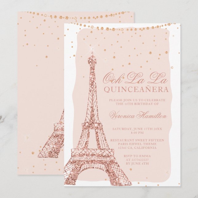 Eiffelturm Rose Goldener Glitzer Quinceanera Einladung (Vorne/Hinten)