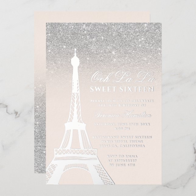 Eiffelturm schick silber Glitzer pink Sweet 16 Folieneinladung (Vorderseite/Rückseite)