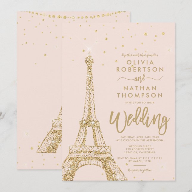 Eiffelturm schicker Glitzer Rosa Hochzeit Einladung (Vorne/Hinten)