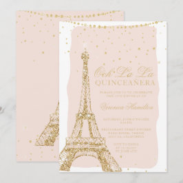 Eiffelturm schicker Gold Glitzer Blush Quinceanera Einladung