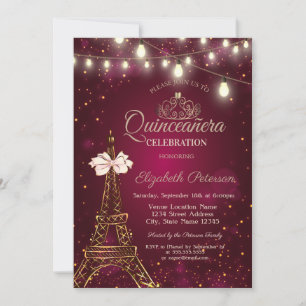 Eiffelturm, Schleife, Tiara Lichter Rot Quinceañer Einladung