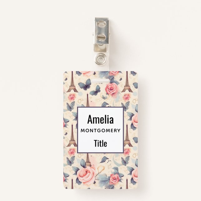 Eiffelturm Schmetterling und Rose Muster Ausweis (Vorderseite mit Klammer)