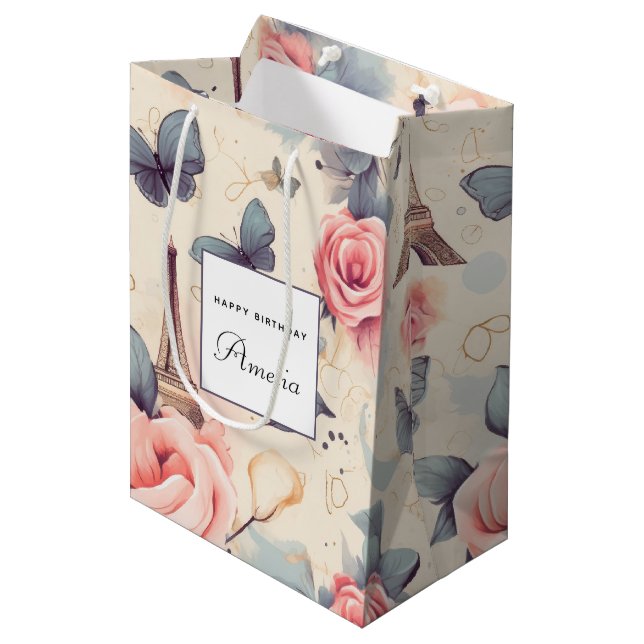 Eiffelturm Schmetterling und Rose Muster Geburtsta Mittlere Geschenktüte (Vorderseite Schrägansicht)