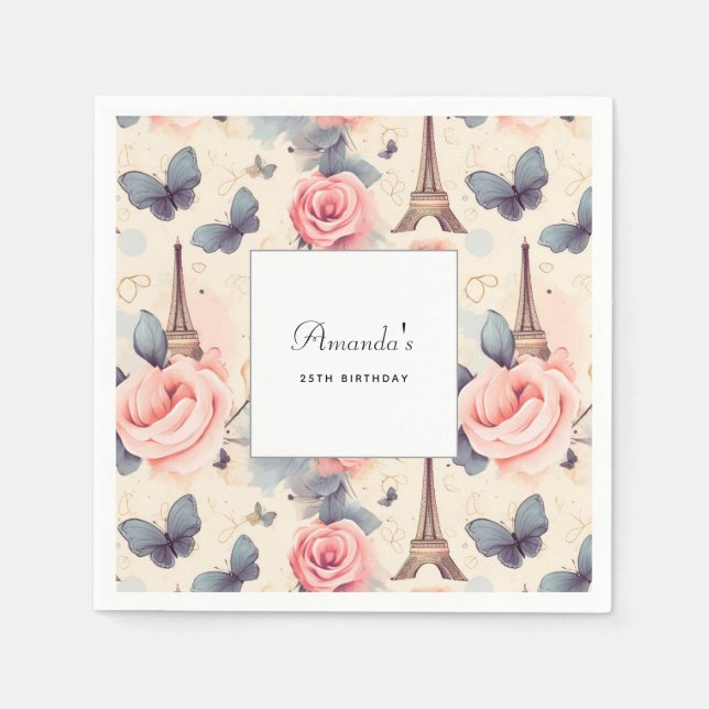 Eiffelturm Schmetterling und Rose Muster Geburtsta Serviette (Vorderseite)
