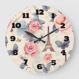 Eiffelturm Schmetterling und Rose Muster Große Wanduhr