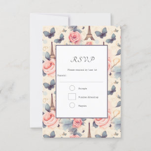 Eiffelturm-Schmetterling und Rose-Muster Hochzeit RSVP Karte