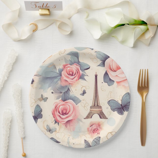Eiffelturm Schmetterling und Rose Muster Pappteller (Hochzeit)
