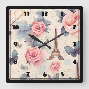 Eiffelturm Schmetterling und Rose Muster Quadratische Wanduhr