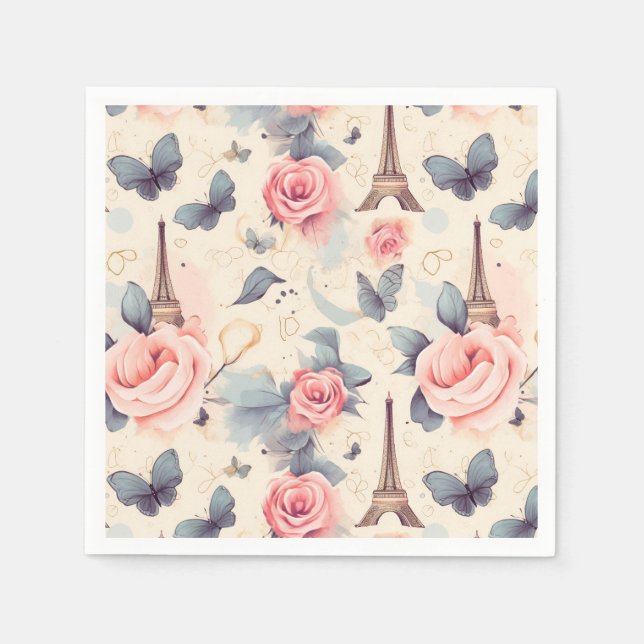 Eiffelturm Schmetterling und Rose Muster Serviette (Vorderseite)