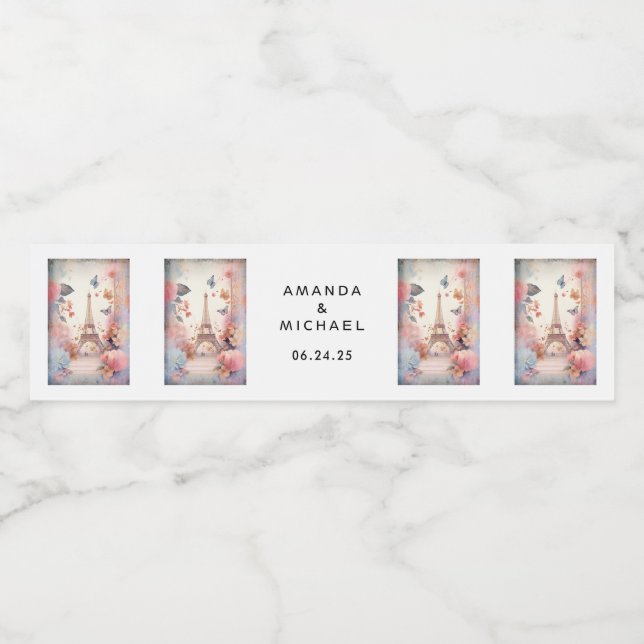Eiffelturm-Schmetterlinge und Blume - Hochzeit (Einzelnes Label)