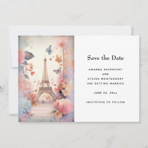 Eiffelturm-Schmetterlinge und Blume Hochzeit Save The Date
