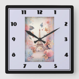 Eiffelturm Schmetterlinge und Blumen Quadratische Wanduhr