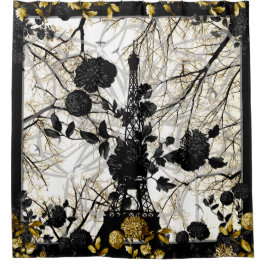Eiffelturm-schwarzes Goldblumenvogel-Bäume Duschvorhang