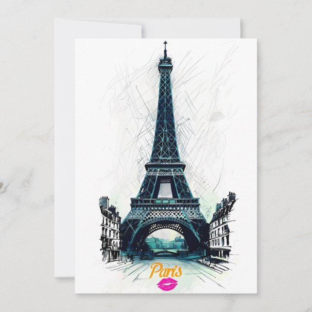 Eiffelturm Skizze Druck, Linienzeichnung, Paris Einladung (Vorderseite)