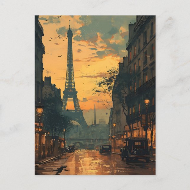 Eiffelturm Sonnenuntergang: Vintage Pariser Postka Postkarte (Vorderseite)
