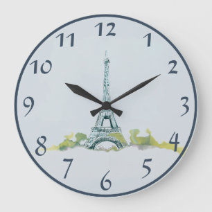 Eiffelturm-Stift und Tintenzeichnung auf Grau/Blau Große Wanduhr