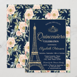 Eiffelturm, Tiara, Rose Navy Blue Quinceañera Einladung