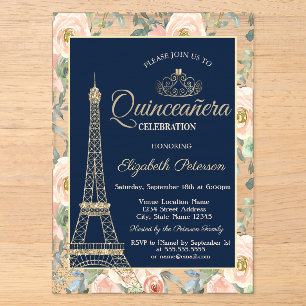 Eiffelturm,Tiara,Rosen Navy Blau Quinceañera Acryleinladungen