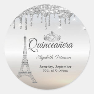 Eiffelturm, Tiara, Tröpfchen Silber Quinceañera Runder Aufkleber