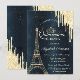 Eiffelturm, Tiara, Tropfen Dunkler Blaue Quinceañe Einladung