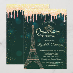Eiffelturm, Tiara, Tropfen Green Quinceañera Einladung