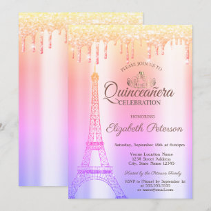 Eiffelturm, Tiara, Tropfens Ombre Quinceañera Einladung