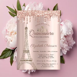 Eiffelturm, Tiara, Tropfens Rose Gold Quinceañera  Einladung