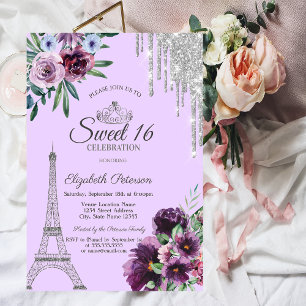 Eiffelturm, Tropfen, lila Blumen Sweet 16 Einladung