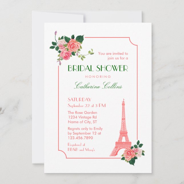 Eiffelturm und Rose Bridal Dusche Einladung (Vorderseite)