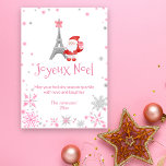 Eiffelturm und Santa Pink Paris Weihnachten<br><div class="desc">Diese wunderschöne Weihnachtskarte mit dem Thema Paris ist voller Launen mit einem rosa Weihnachtsthema. Der Eiffelturm ist mit einem niedlichen rosa Bogen geschmückt und ein hübscher Weihnachtsmann hält ein süß-rosa Geschenk. Die Szene ist voll von fallenden rosa und silbernen Schneeflocken. "Joyeux Weihnachten" ist der Feiertagsgruß, der auf der Vorderseite der...</div>