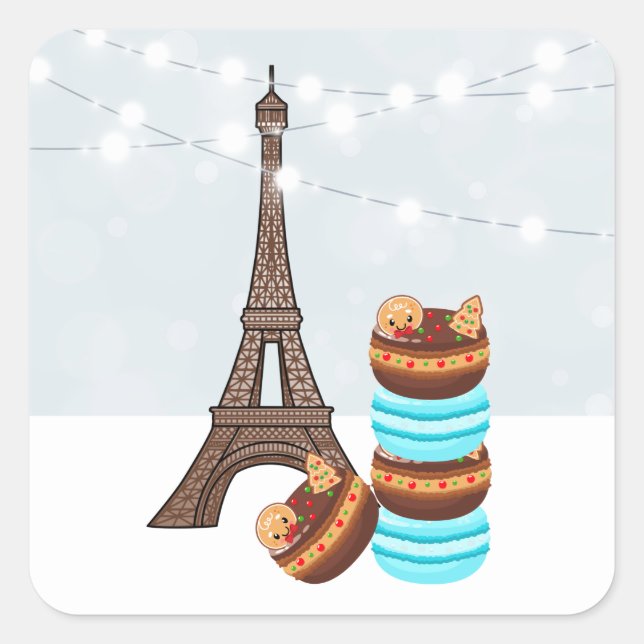 Eiffelturm und Winter Macaroons Weihnachten Quadratischer Aufkleber (Vorderseite)