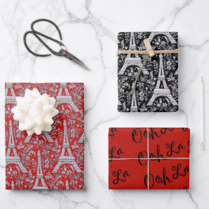 Eiffeltürme und Blume Rot und Schwarz Geschenkpapier Set