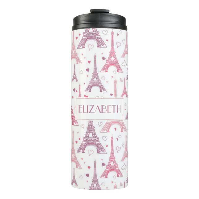 Eiffelturme und Herzen personalisiert Thermosbecher (Vorderseite)