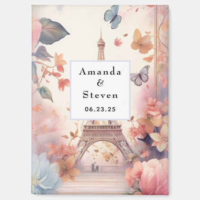 Eiffelturmschmetterlinge und Blume Save the Date Magnet (Vorderseite)