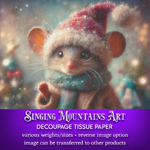 Eigenartige Wintermaus in festlicher Hut-Decoupage Seidenpapier
