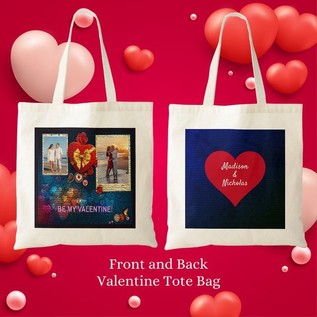 Eigene Fotos und Name Herz ist mein Valentinmosaik Tragetasche (Custom Photos & Name Heart Be My Valentine Mosaic Tote Bag Front and Back)