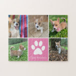 Eigene Hundfoto-Collage Hübsch rosafarbene Pet Pfo<br><div class="desc">Dieses wunderschöne Puppy-Foto-Puzzle ist personalisiert mit bezaubernden Bildern von Deinem kleinen Hund. Passen Sie dieses elegante Geschenk mit Ihren eigenen,  ganz individuellen Aufnahmen rund um einen hübschen rosa Platz mit einem niedlichen weißen Pfotenprint und dem Namen Ihres Hundes in der Mitte an.</div>