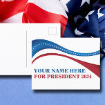 Eigene Kandidatur für den Präsidenten 2024 hinzufü Postkarte<br><div class="desc">Passen Sie Ihre eigenen Postkarten für politische Kampagnen an,  indem Sie unter dieser künstlerischen amerikanischen Flagge Ihren eigenen Namen oder einen anderen Politiker in rot,  weiß und blau hinzufügen. Fügen Sie 2024 einen individuelle Name für den Präsidenten hinzu.</div>