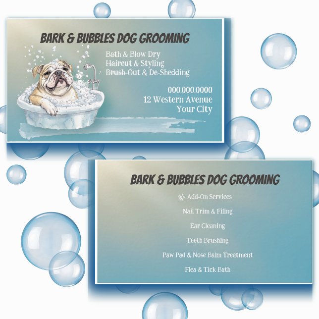 Eigene Niedliche Dog Pet Grooming Visitenkarte (Cute dog grooming business card with bubbly bath illustration – perfect for pet salons & groomers.)