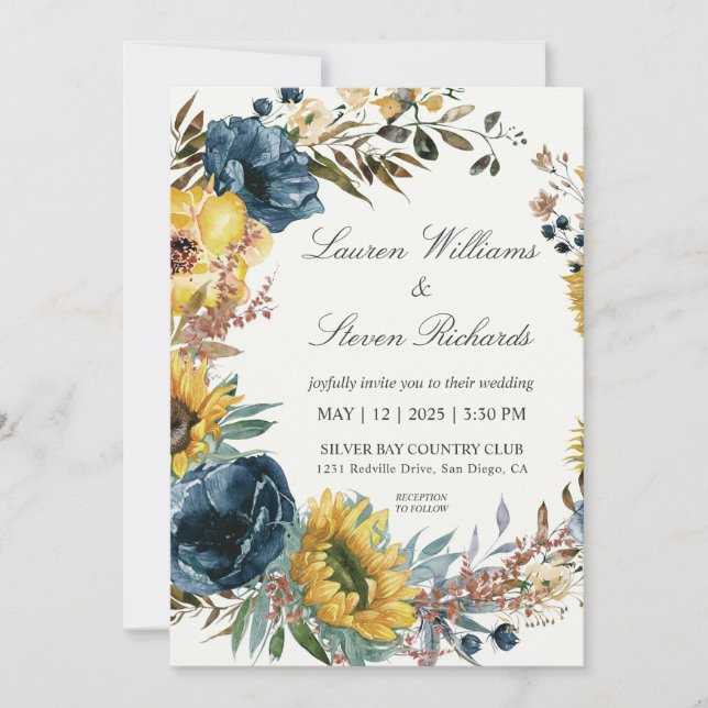 Eigene weiße Sonnenblumen und Hochzeit mit blauem  Einladung (Vorderseite)