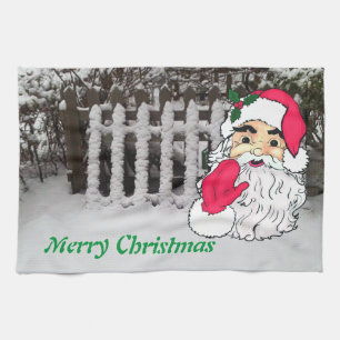 Eigener Schnee auf einem Sammelzaun mit Santa Küchentuch