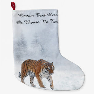 Eigener Text   Snow Tiger Snowy Forest Trees Großer Weihnachtsstrumpf