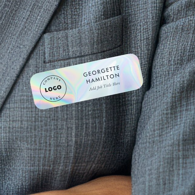 Eigenes Firmenlogo Namensschild (Minimalist Business Logo Holographic Navy Blue Name Badge)