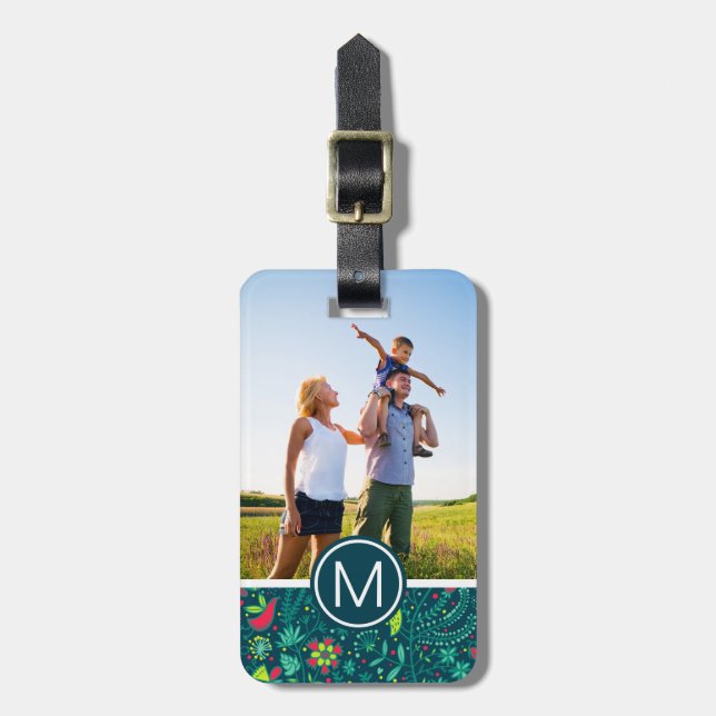 Eigenes Foto und Monogramm Blumenmuster bei Vögeln Gepäckanhänger (Vorderseite vertikal)