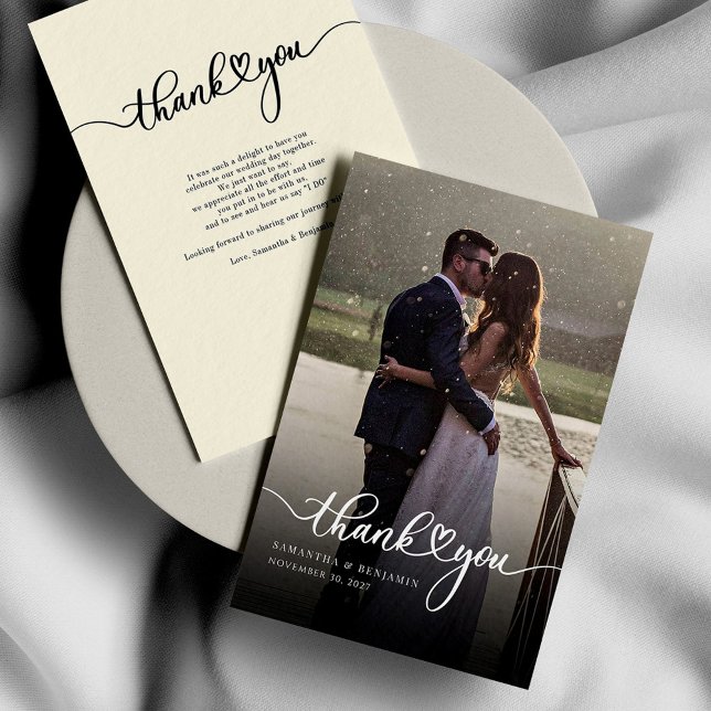 Eigenes handgeschriebenes Hochzeitsszenario Foto V Mitteilungskarte (Wedding Photo Script Typography Elegant Thank Note Card)