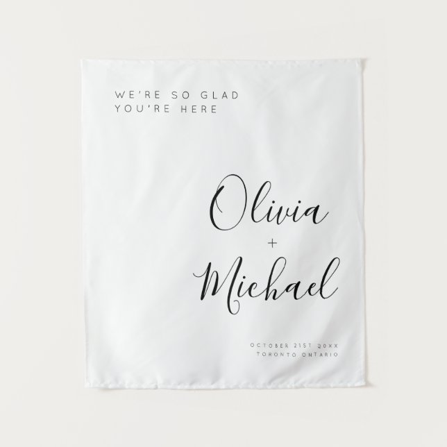 Eigenes Hochzeitswillkommenszeichen mit Adressband Wandteppich (Vorderseite)