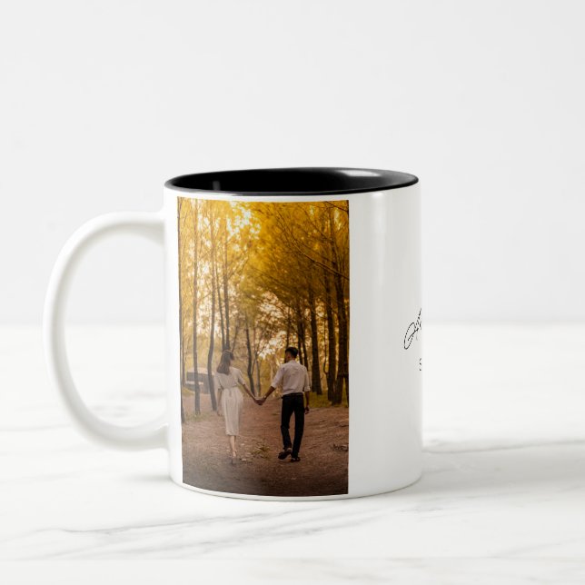 Eigenes Jubiläum-Foto Zweifarbige Tasse (Links)