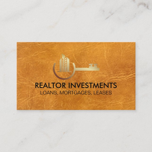 Eigenschaften Gold-Logo | Brown Leather Visitenkarte (Vorderseite)