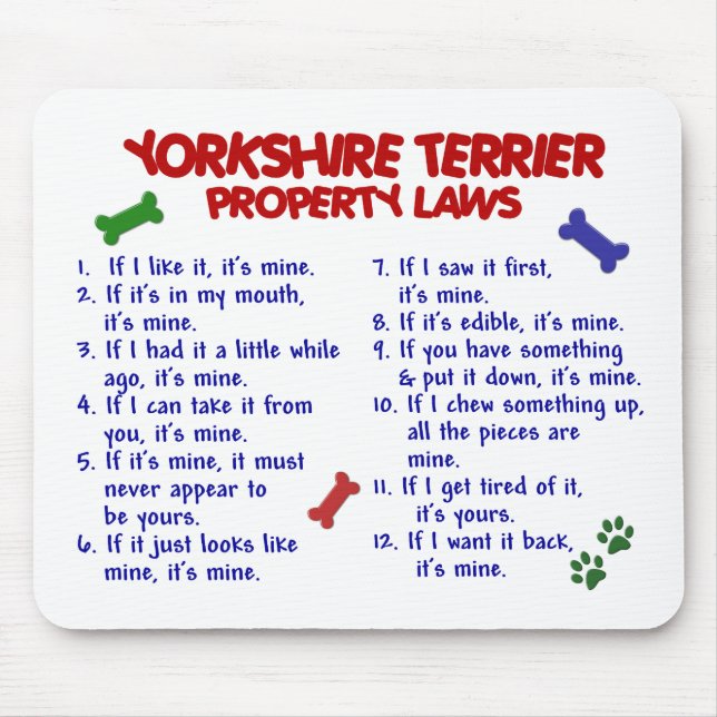 Eigentums-Gesetze 2 Yorkie YORKSHIRES TERRIER Mousepad (Vorne)