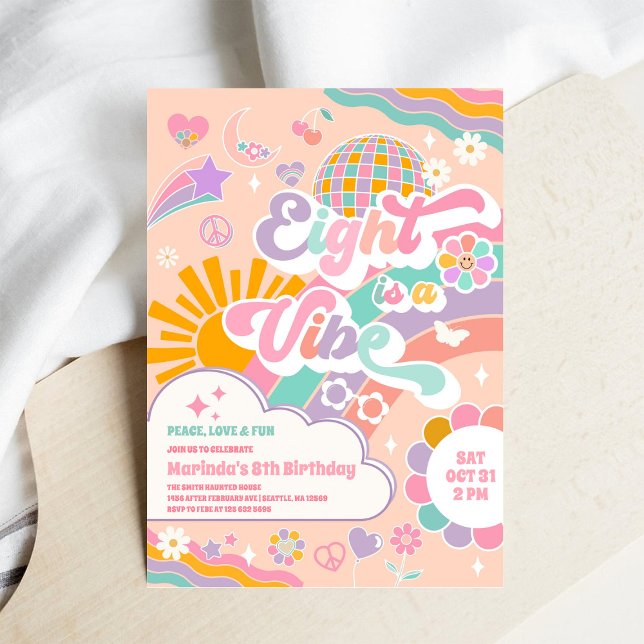 Eight Is A Vibe Sun Rainbow Disco 8th Birthday  Einladung (Von Creator hochgeladen)